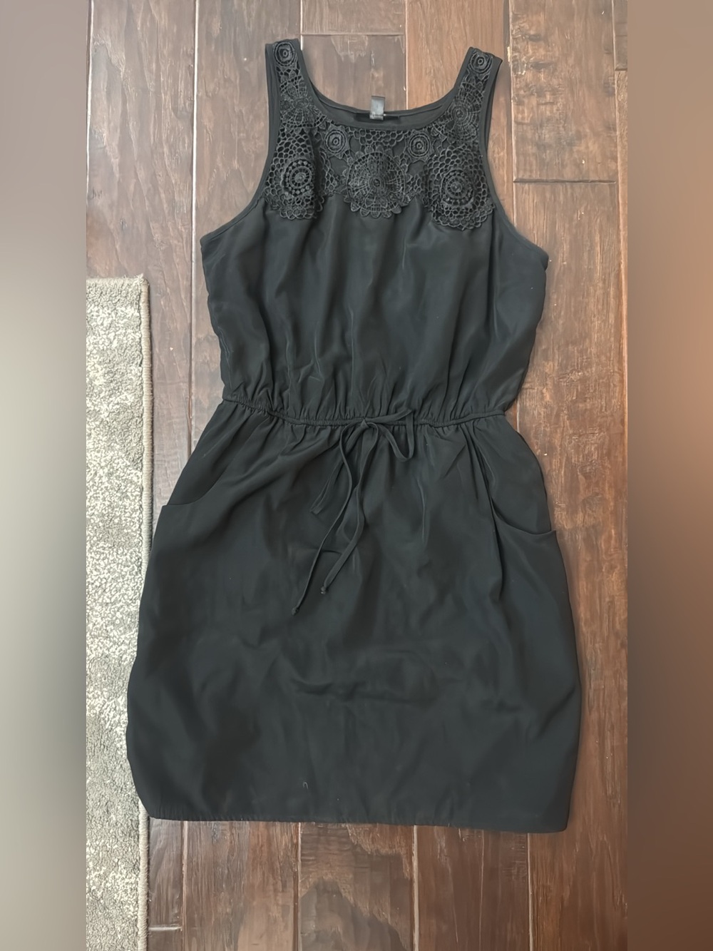 Jodi Kristopher Black Sleeveless Crochet Yoke Drawstring Waist Mini Dress